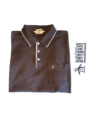 Original Penguin Men's Black Polo with Light Blue Piping + Logo’d Chest Pocket